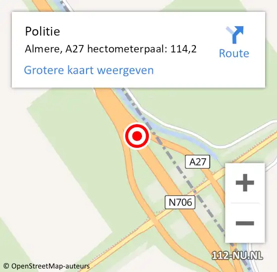 Locatie op kaart van de 112 melding: Politie Almere, A27 hectometerpaal: 114,2 op 17 oktober 2022 08:43