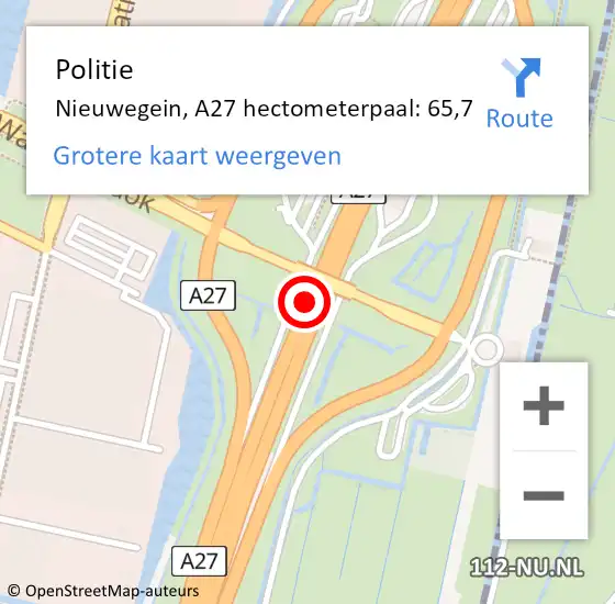 Locatie op kaart van de 112 melding: Politie Nieuwegein, A27 hectometerpaal: 65,7 op 17 oktober 2022 09:59