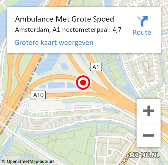 Locatie op kaart van de 112 melding: Ambulance Met Grote Spoed Naar Amsterdam, A1 hectometerpaal: 4,7 op 17 oktober 2022 10:46