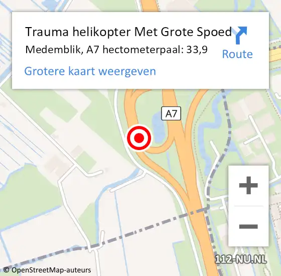 Locatie op kaart van de 112 melding: Trauma helikopter Met Grote Spoed Naar Medemblik, A7 hectometerpaal: 33,9 op 17 oktober 2022 13:21