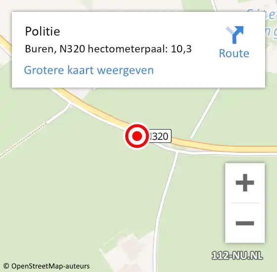 Locatie op kaart van de 112 melding: Politie Buren, N320 hectometerpaal: 10,3 op 17 oktober 2022 14:50