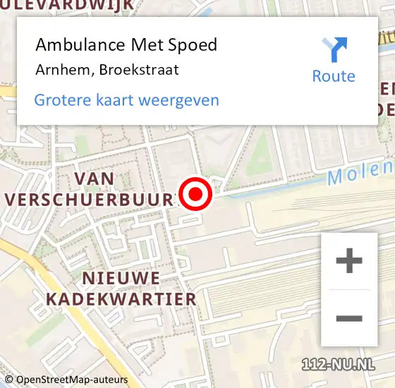 Locatie op kaart van de 112 melding: Ambulance Met Spoed Naar Arnhem, Broekstraat op 17 oktober 2022 15:11