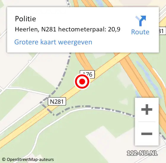 Locatie op kaart van de 112 melding: Politie Heerlen, N281 hectometerpaal: 20,9 op 17 oktober 2022 16:36