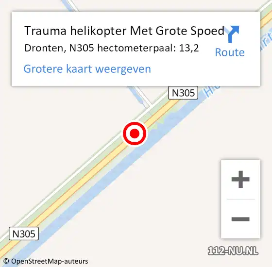Locatie op kaart van de 112 melding: Trauma helikopter Met Grote Spoed Naar Dronten, N305 hectometerpaal: 13,2 op 18 oktober 2022 06:33