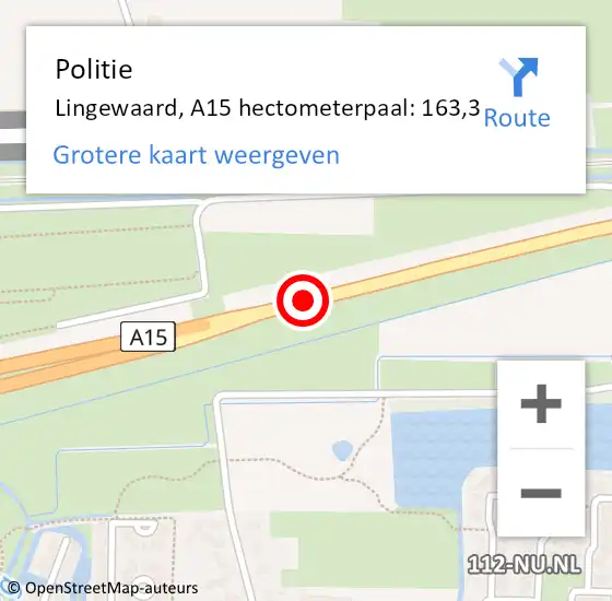Locatie op kaart van de 112 melding: Politie Lingewaard, A15 hectometerpaal: 163,3 op 18 oktober 2022 08:40
