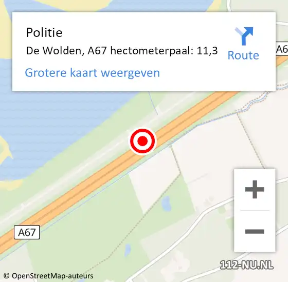 Locatie op kaart van de 112 melding: Politie De Wolden, A67 hectometerpaal: 11,3 op 18 oktober 2022 12:47