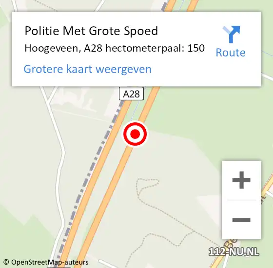 Locatie op kaart van de 112 melding: Politie Met Grote Spoed Naar Hoogeveen, A28 hectometerpaal: 150 op 18 oktober 2022 12:55