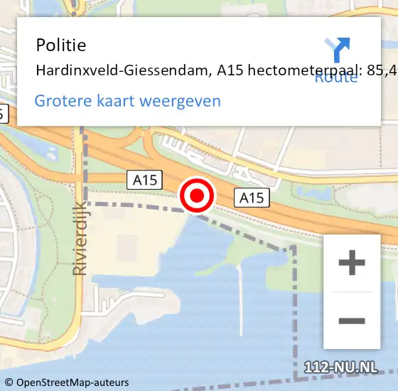 Locatie op kaart van de 112 melding: Politie Hardinxveld-Giessendam, A15 hectometerpaal: 85,4 op 18 oktober 2022 15:14