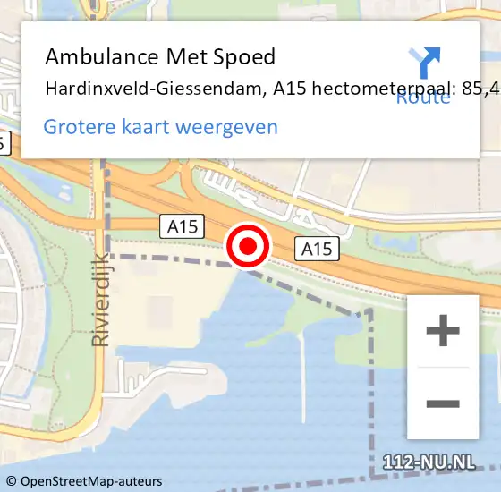 Locatie op kaart van de 112 melding: Ambulance Met Spoed Naar Hardinxveld-Giessendam, A15 hectometerpaal: 85,4 op 18 oktober 2022 15:15