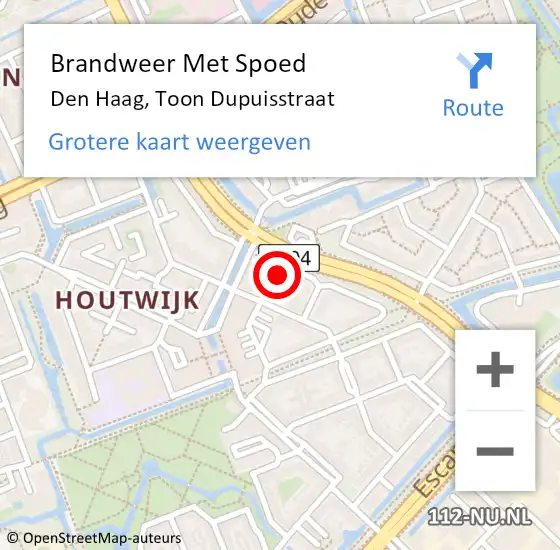 Locatie op kaart van de 112 melding: Brandweer Met Spoed Naar Den Haag, Toon Dupuisstraat op 18 oktober 2022 15:44