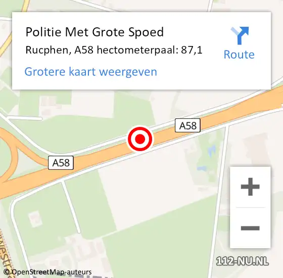 Locatie op kaart van de 112 melding: Politie Met Grote Spoed Naar Rucphen, A58 hectometerpaal: 87,1 op 18 oktober 2022 17:28
