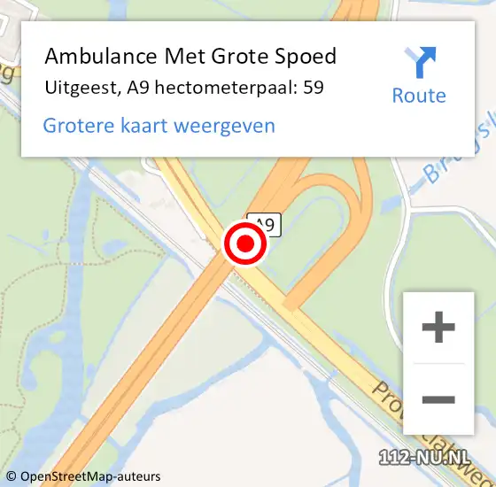 Locatie op kaart van de 112 melding: Ambulance Met Grote Spoed Naar Uitgeest, A9 hectometerpaal: 59 op 18 oktober 2022 17:28