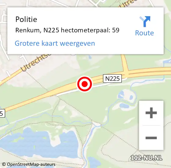 Locatie op kaart van de 112 melding: Politie Renkum, N225 hectometerpaal: 59 op 18 oktober 2022 17:34