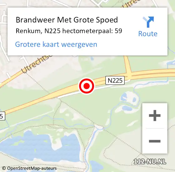 Locatie op kaart van de 112 melding: Brandweer Met Grote Spoed Naar Renkum, N225 hectometerpaal: 59 op 18 oktober 2022 17:35