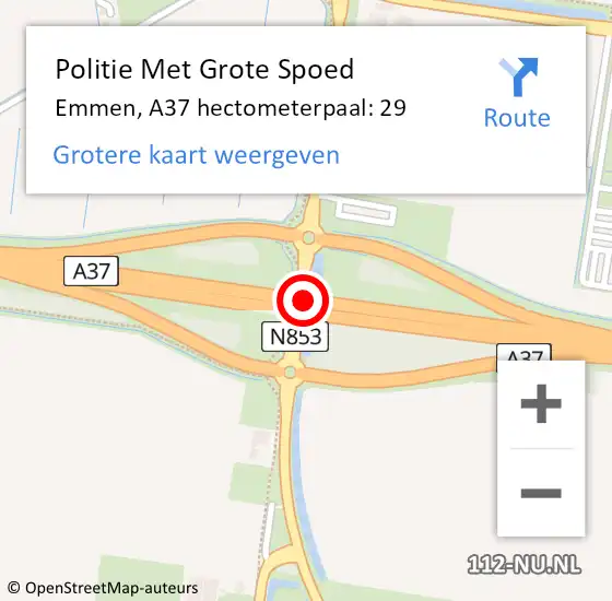 Locatie op kaart van de 112 melding: Politie Met Grote Spoed Naar Emmen, A37 hectometerpaal: 29 op 18 oktober 2022 20:06