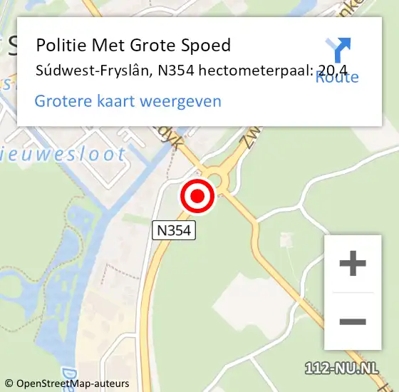 Locatie op kaart van de 112 melding: Politie Met Grote Spoed Naar Súdwest-Fryslân, N354 hectometerpaal: 20,4 op 19 oktober 2022 07:30