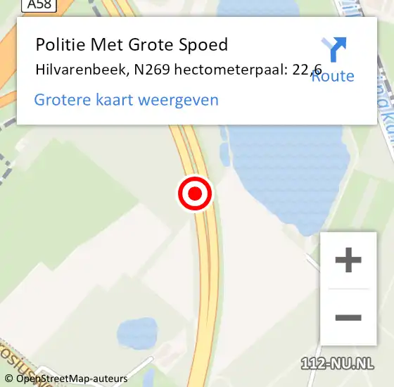 Locatie op kaart van de 112 melding: Politie Met Grote Spoed Naar Hilvarenbeek, N269 hectometerpaal: 22,6 op 19 oktober 2022 13:20