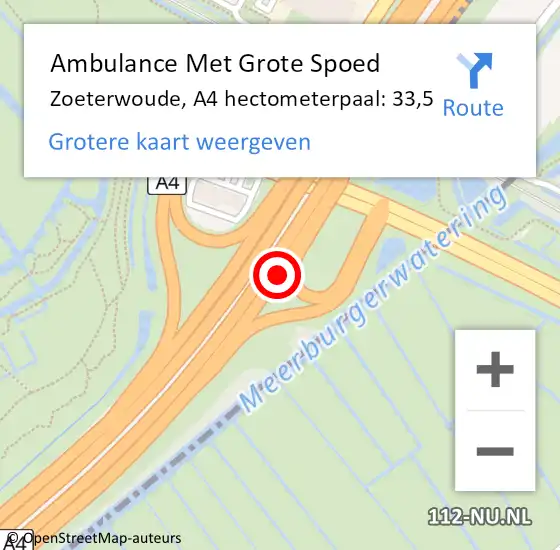 Locatie op kaart van de 112 melding: Ambulance Met Grote Spoed Naar Zoeterwoude, A4 hectometerpaal: 33,5 op 19 oktober 2022 15:06