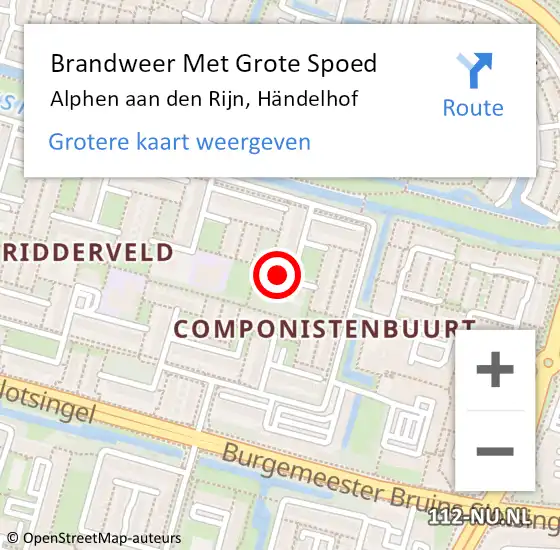 Locatie op kaart van de 112 melding: Brandweer Met Grote Spoed Naar Alphen aan den Rijn, Händelhof op 20 oktober 2022 08:16
