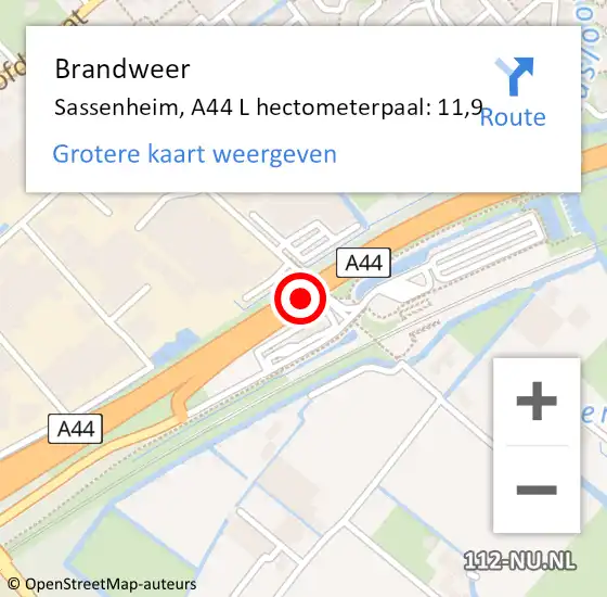 Locatie op kaart van de 112 melding: Brandweer Sassenheim, A44 R hectometerpaal: 9,1 op 2 augustus 2014 07:07