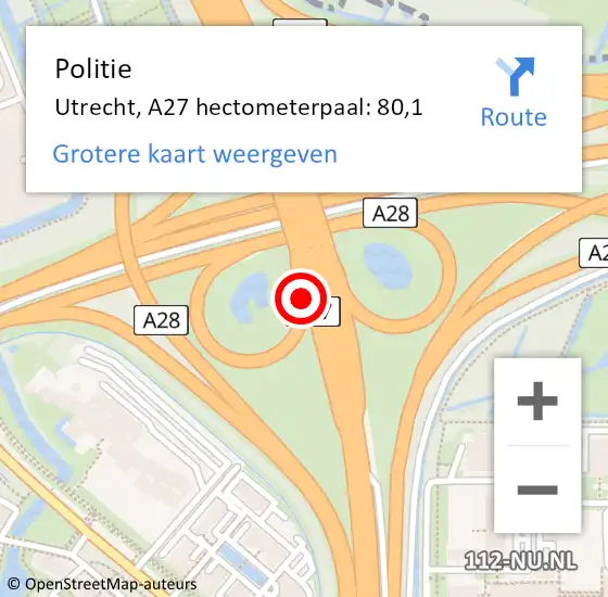 Locatie op kaart van de 112 melding: Politie Utrecht, A27 hectometerpaal: 80,1 op 20 oktober 2022 15:39