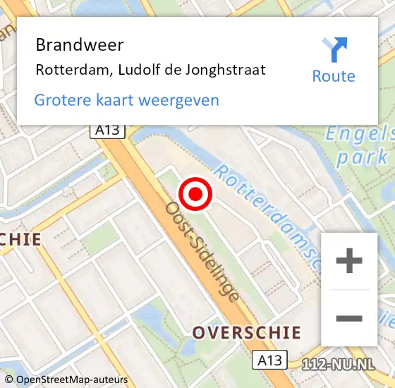 Locatie op kaart van de 112 melding: Brandweer Rotterdam, Ludolf de Jonghstraat op 20 oktober 2022 18:07