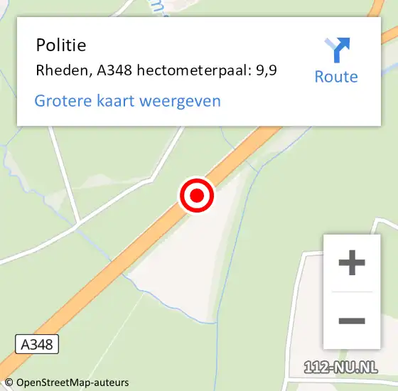 Locatie op kaart van de 112 melding: Politie Rheden, A348 hectometerpaal: 9,9 op 20 oktober 2022 21:07