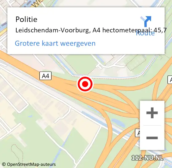 Locatie op kaart van de 112 melding: Politie Den Haag, A4 hectometerpaal: 45,7 op 20 oktober 2022 22:32