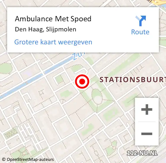 Locatie op kaart van de 112 melding: Ambulance Met Spoed Naar Den Haag, Slijpmolen op 20 oktober 2022 23:44
