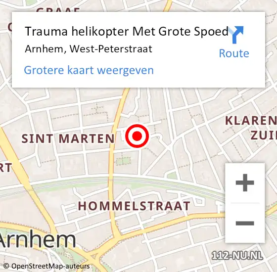 Locatie op kaart van de 112 melding: Trauma helikopter Met Grote Spoed Naar Arnhem, West-Peterstraat op 21 oktober 2022 00:52