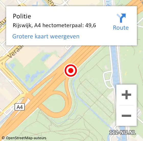 Locatie op kaart van de 112 melding: Politie Den Haag, A4 hectometerpaal: 49,6 op 21 oktober 2022 04:25