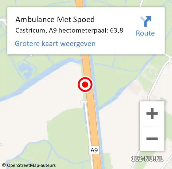Locatie op kaart van de 112 melding: Ambulance Met Spoed Naar Castricum, A9 hectometerpaal: 63,8 op 21 oktober 2022 07:11