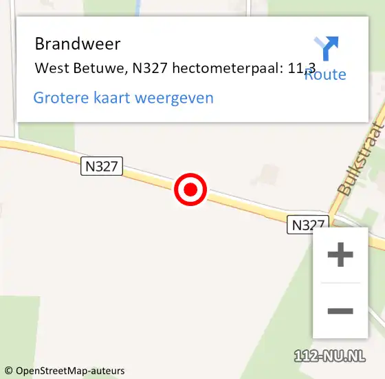 Locatie op kaart van de 112 melding: Brandweer West Betuwe, N327 hectometerpaal: 11,3 op 21 oktober 2022 12:52