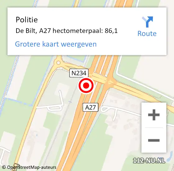 Locatie op kaart van de 112 melding: Politie De Bilt, A27 hectometerpaal: 86,1 op 21 oktober 2022 13:43