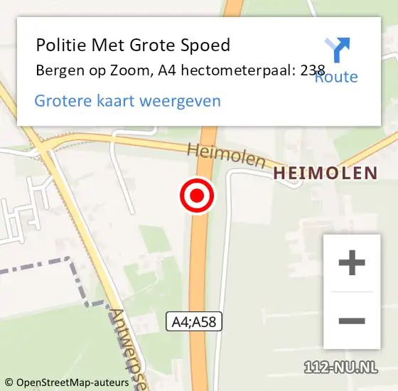 Locatie op kaart van de 112 melding: Politie Met Grote Spoed Naar Bergen op Zoom, A4 hectometerpaal: 238 op 21 oktober 2022 14:15