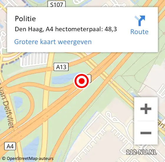 Locatie op kaart van de 112 melding: Politie Den Haag, A4 hectometerpaal: 48,3 op 21 oktober 2022 17:36