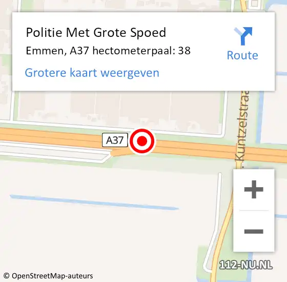 Locatie op kaart van de 112 melding: Politie Met Grote Spoed Naar Emmen, A37 hectometerpaal: 38 op 21 oktober 2022 21:00
