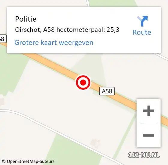 Locatie op kaart van de 112 melding: Politie Oirschot, A58 hectometerpaal: 25,3 op 22 oktober 2022 04:34