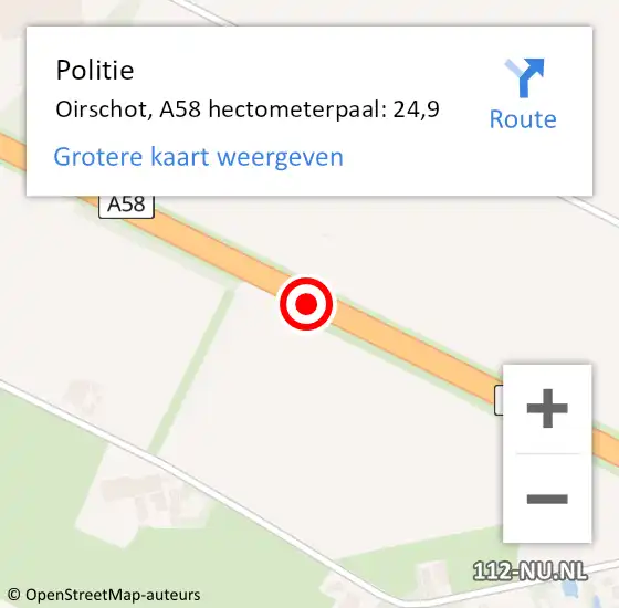 Locatie op kaart van de 112 melding: Politie Oirschot, A58 hectometerpaal: 24,9 op 22 oktober 2022 04:39