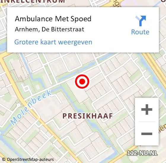 Locatie op kaart van de 112 melding: Ambulance Met Spoed Naar Arnhem, De Bitterstraat op 22 oktober 2022 10:37