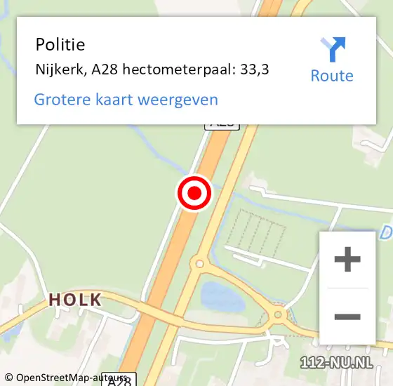 Locatie op kaart van de 112 melding: Politie Nijkerk, A28 hectometerpaal: 33,3 op 22 oktober 2022 13:25