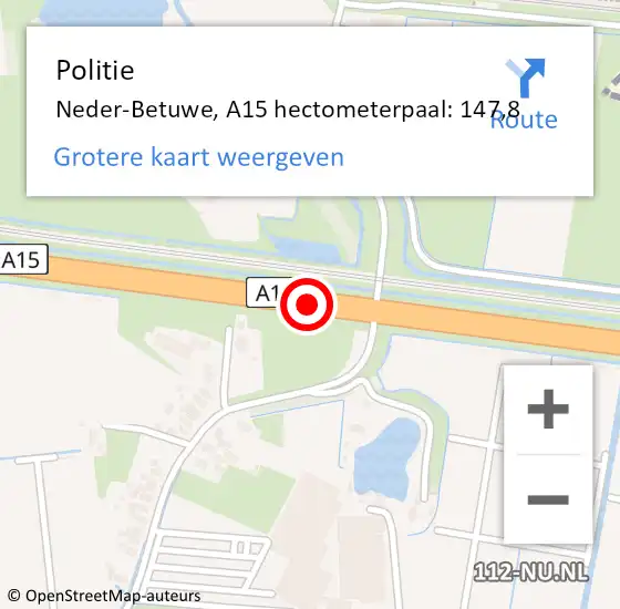 Locatie op kaart van de 112 melding: Politie Neder-Betuwe, A15 hectometerpaal: 147,8 op 22 oktober 2022 19:11