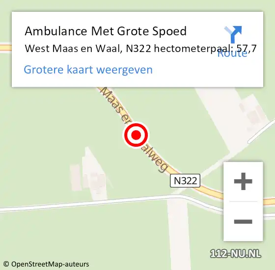 Locatie op kaart van de 112 melding: Ambulance Met Grote Spoed Naar West Maas en Waal, N322 hectometerpaal: 57,7 op 22 oktober 2022 19:46