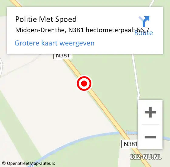 Locatie op kaart van de 112 melding: Politie Met Spoed Naar Midden-Drenthe, N381 hectometerpaal: 66,7 op 22 oktober 2022 20:47
