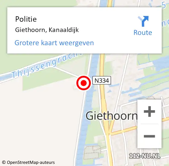 Locatie op kaart van de 112 melding: Politie Giethoorn, Kanaaldijk op 22 oktober 2022 22:07