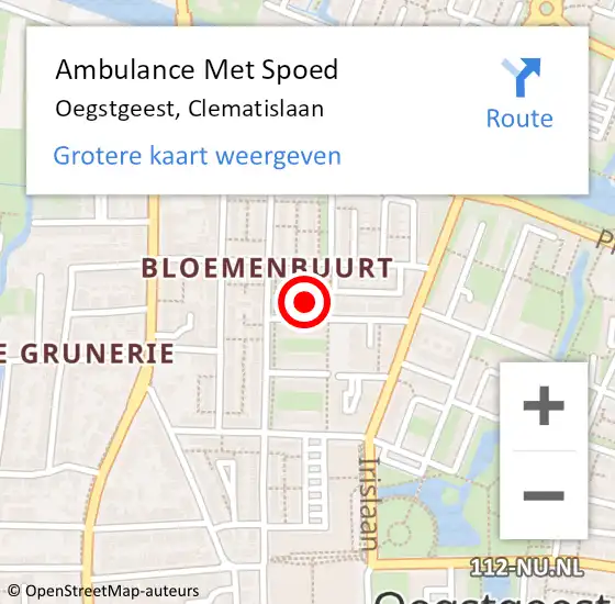 Locatie op kaart van de 112 melding: Ambulance Met Spoed Naar Oegstgeest, Clematislaan op 23 oktober 2022 03:07