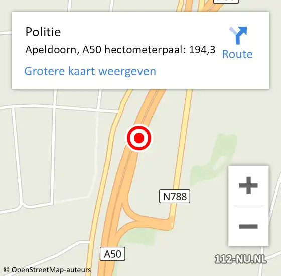 Locatie op kaart van de 112 melding: Politie Apeldoorn, A50 hectometerpaal: 194,3 op 23 oktober 2022 13:42