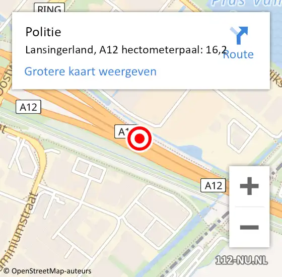 Locatie op kaart van de 112 melding: Politie Lansingerland, A12 hectometerpaal: 16,2 op 23 oktober 2022 17:05