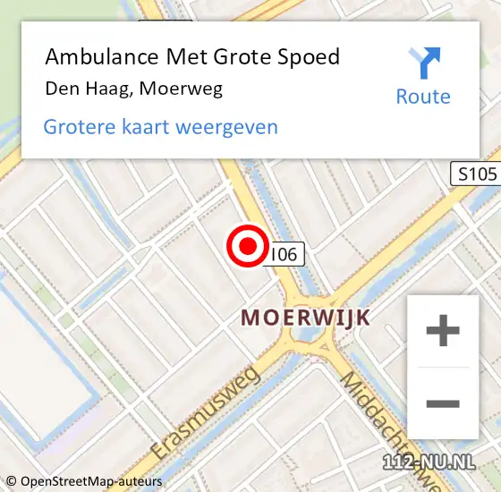 Locatie op kaart van de 112 melding: Ambulance Met Grote Spoed Naar Den Haag, Moerweg op 23 oktober 2022 21:07