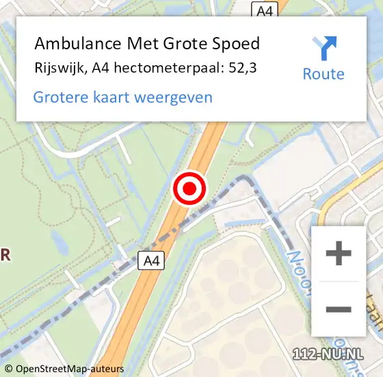 Locatie op kaart van de 112 melding: Ambulance Met Grote Spoed Naar Rijswijk, A4 hectometerpaal: 52,3 op 24 oktober 2022 06:50
